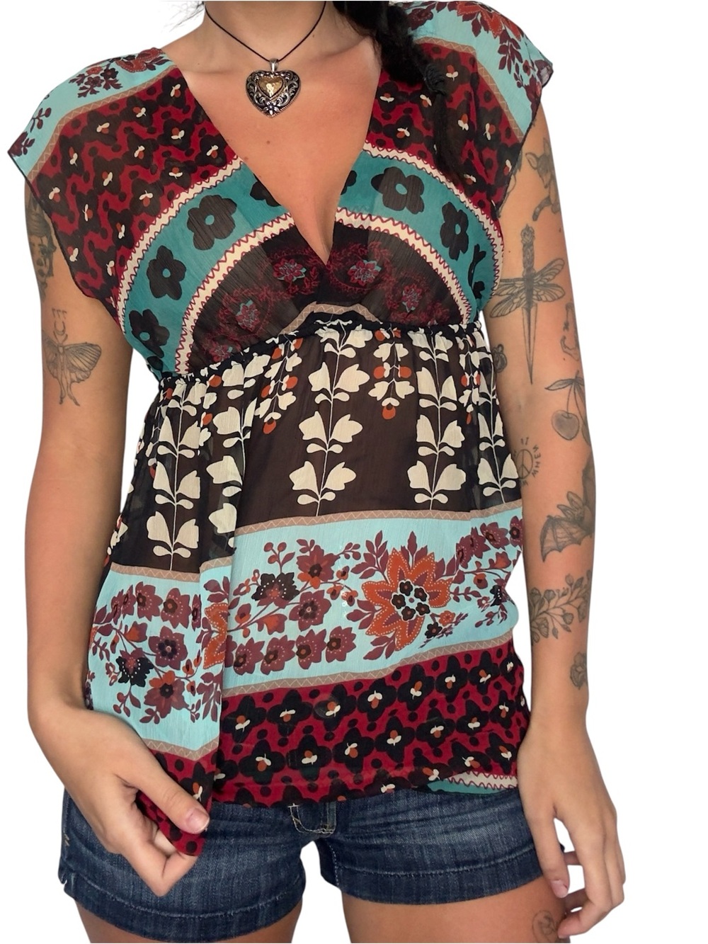 Y2K Boho Floral V-Neck Tunic Top in Teal and Burgundy
